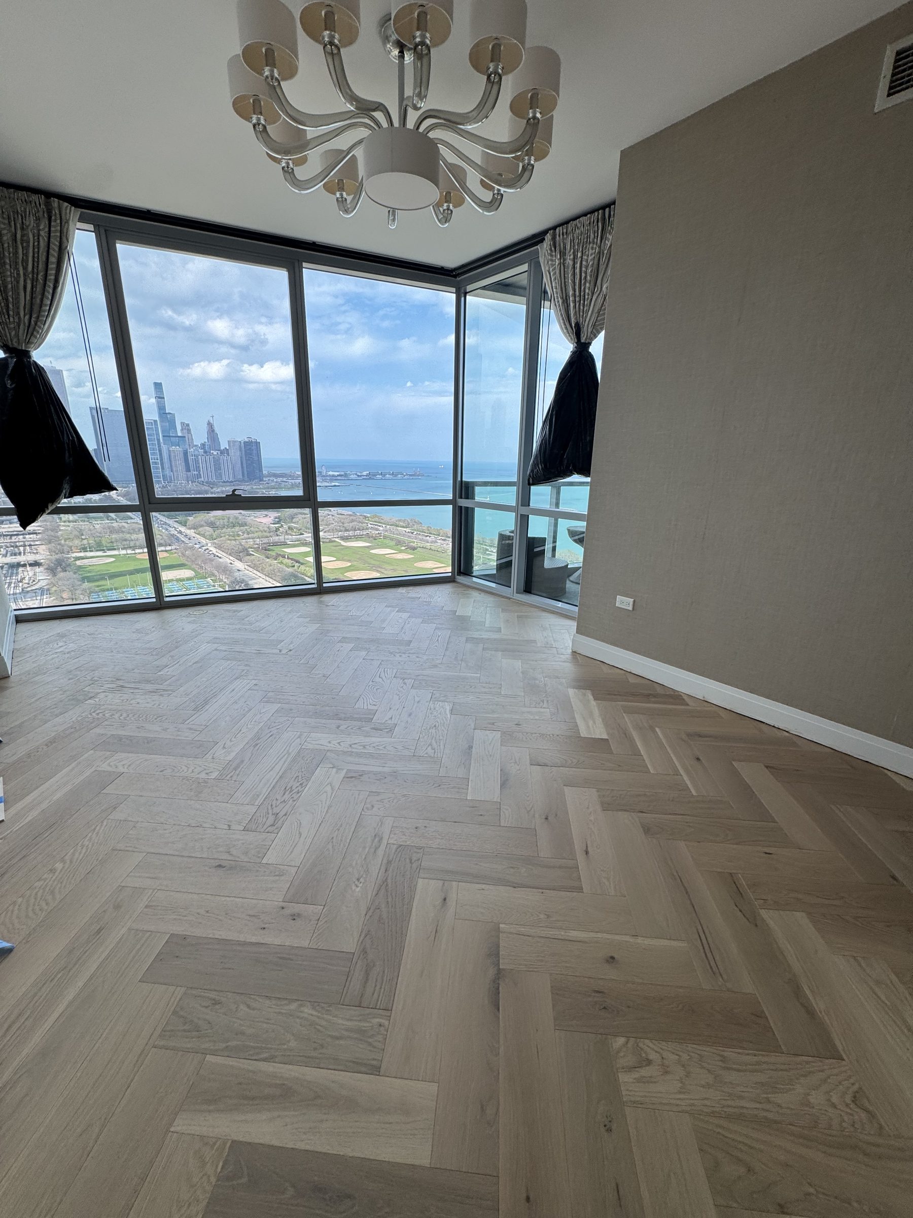 Herringbone hardwood Chicago skyline view